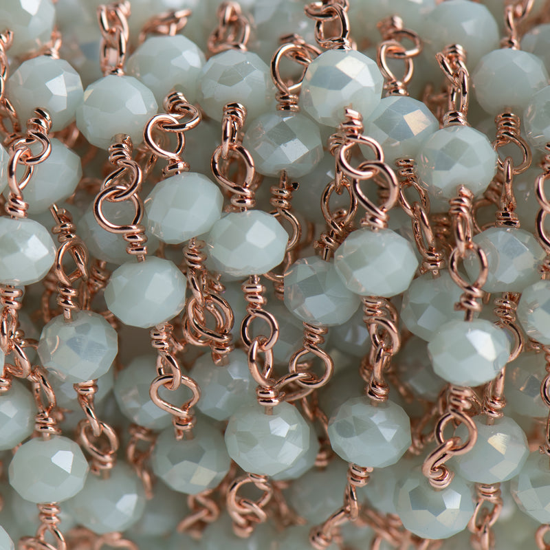 3 feet (1 yard) BABY BLUE Crystal Chain, Rondelle Rosary Bead Chain, bright copper double wrapped wire, 6mm faceted glass beads fch0709a