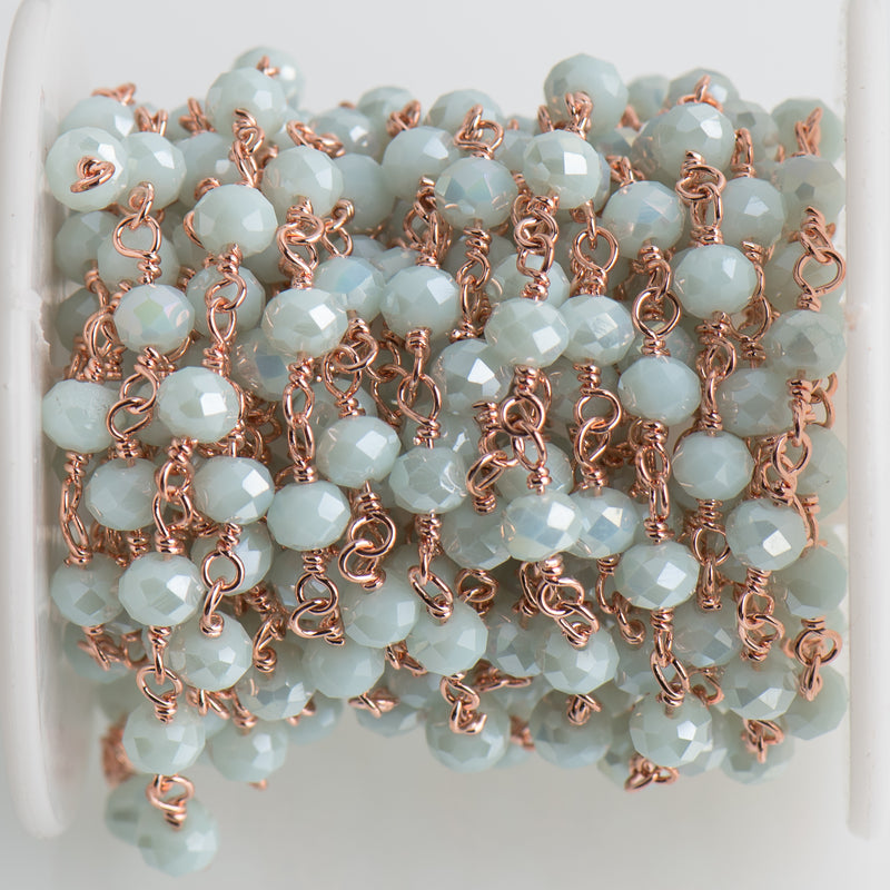 3 feet (1 yard) BABY BLUE Crystal Chain, Rondelle Rosary Bead Chain, bright copper double wrapped wire, 6mm faceted glass beads fch0709a