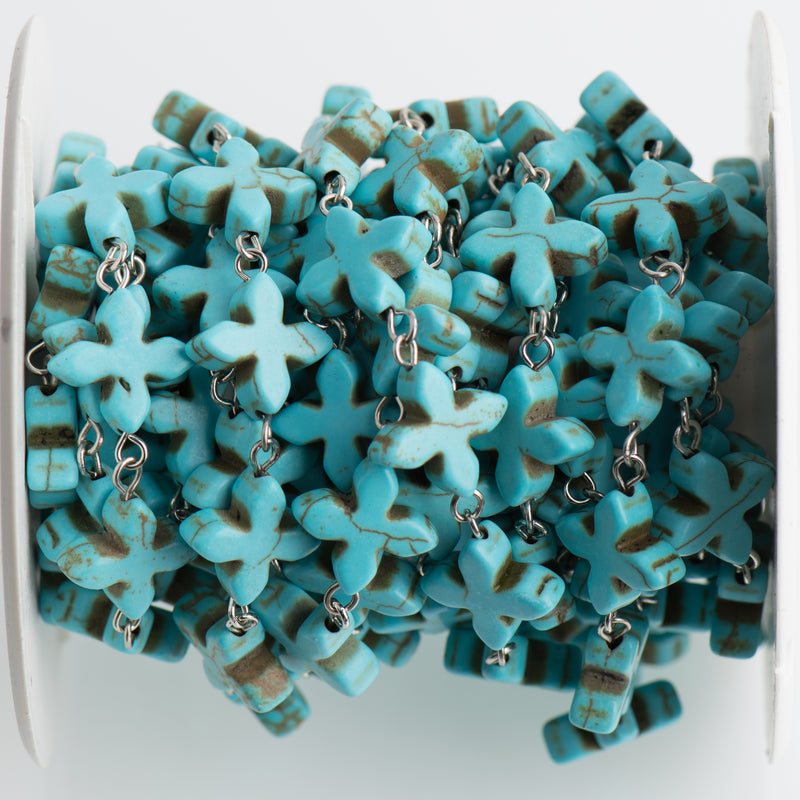 3ft (1 yard) TURQUOISE HOWLITE Fancy Cross Bead Rosary Chain, gemstone chain, SILVER links, 14mm gemstone beads, fch0710a