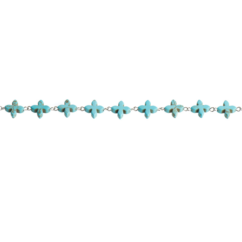 10 ft spool TURQUOISE HOWLITE Fancy Cross Bead Rosary Chain, gemstone chain, SILVER links, 14mm gemstone beads, fch0710b