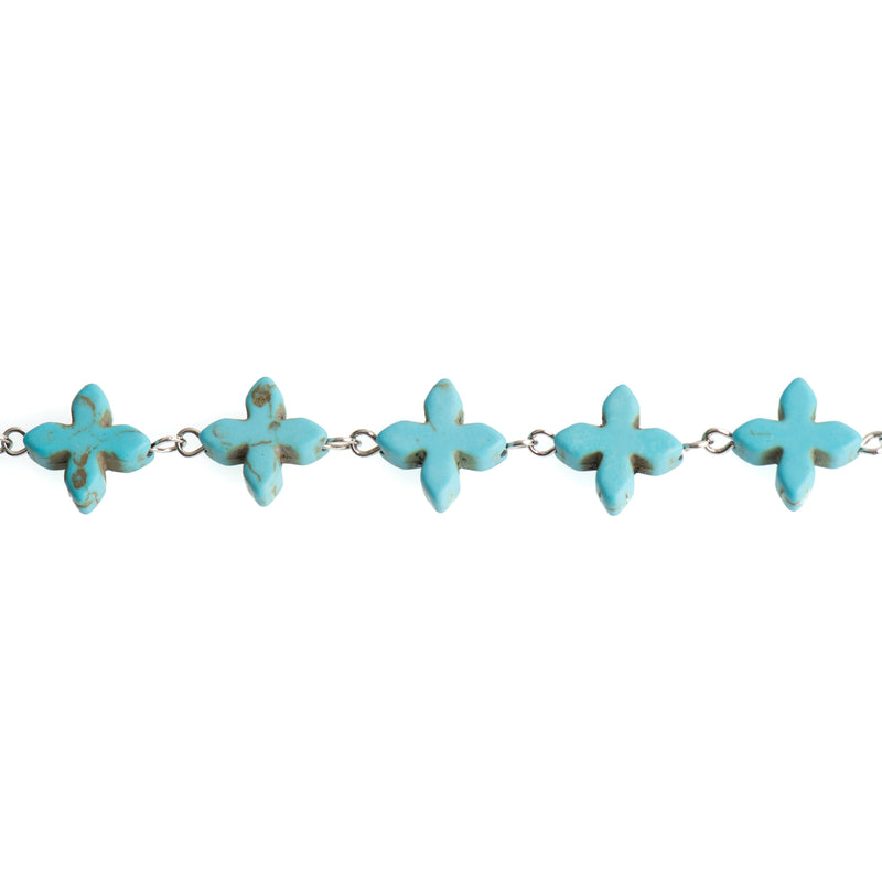 3ft (1 yard) TURQUOISE HOWLITE Fancy Cross Bead Rosary Chain, gemstone chain, SILVER links, 14mm gemstone beads, fch0710a