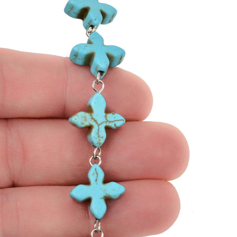 10 ft spool TURQUOISE HOWLITE Fancy Cross Bead Rosary Chain, gemstone chain, SILVER links, 14mm gemstone beads, fch0710b