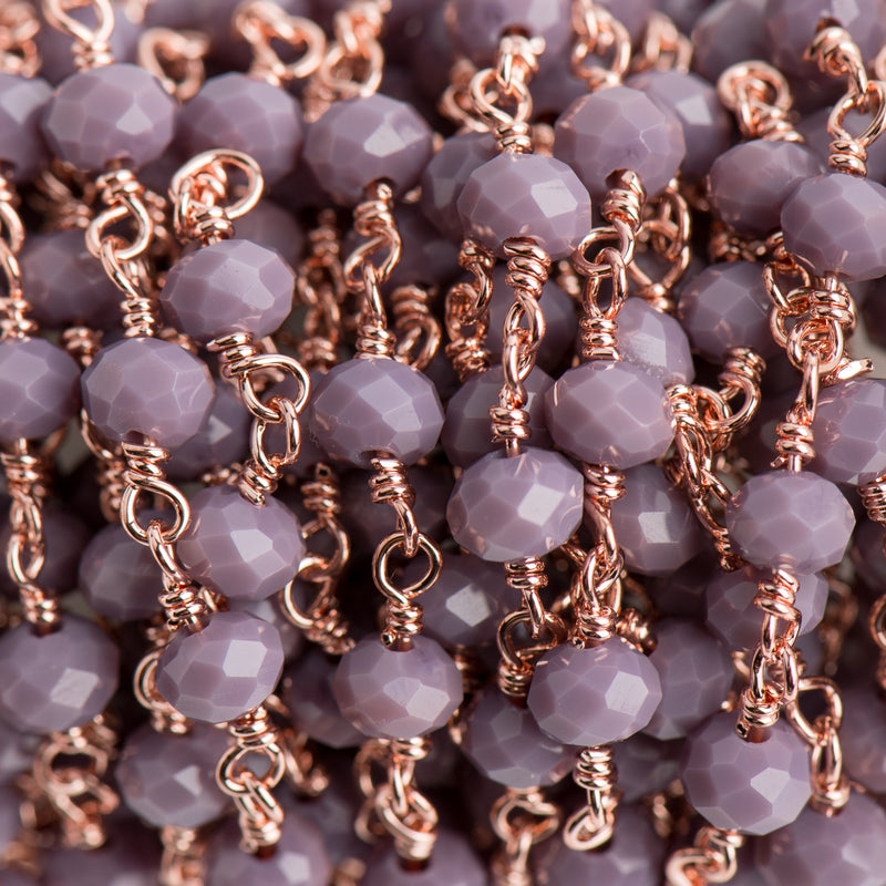 3 feet (1 yard) LAVENDER PURPLE Crystal Chain, Rondelle Rosary Bead Chain, copper rose gold double wrap wire, 6mm faceted glass beads fch0711a