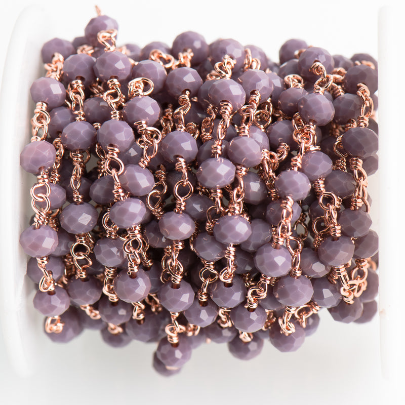 3 feet (1 yard) LAVENDER PURPLE Crystal Chain, Rondelle Rosary Bead Chain, copper rose gold double wrap wire, 6mm faceted glass beads fch0711a