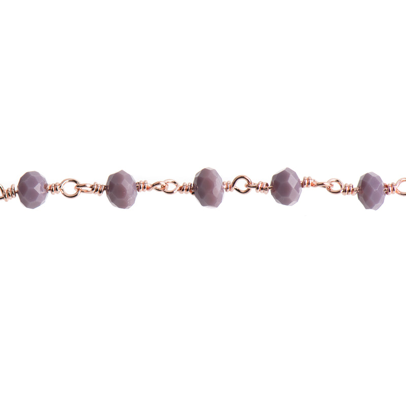 15 ft spool LAVENDER PURPLE Crystal Chain, Rondelle Rosary Bead Chain, copper rose gold double wrap wire, 6mm faceted glass beads fch0711b