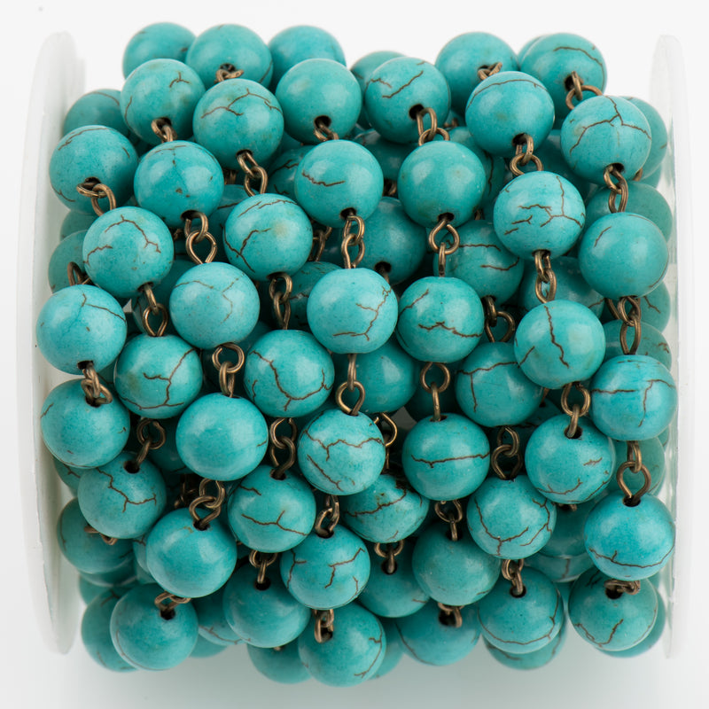 11ft TURQUOISE BLUE Howlite Rosary Chain, bronze wire links, 10mm round stone bead chain, fch0715b