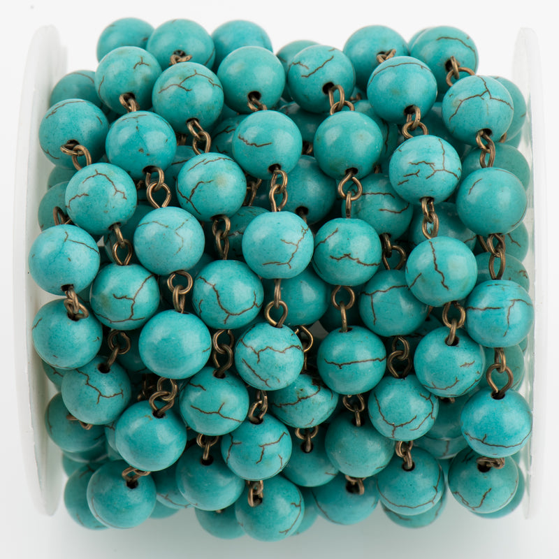 1 yard TURQUOISE BLUE Howlite Rosary Chain, bronze links, 8mm round stone beads, fch0712a