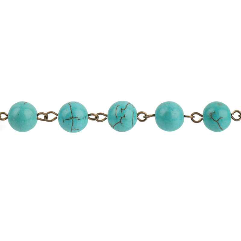 1 yard TURQUOISE BLUE Howlite Rosary Chain, bronze wire links, 10mm round stone bead chain, fch0715a