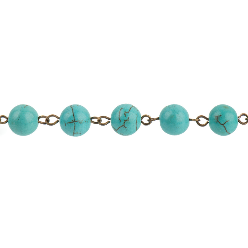 1 yard TURQUOISE BLUE Howlite Rosary Chain, bronze links, 8mm round stone beads, fch0712a