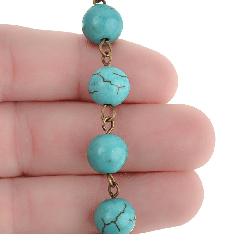 1 yard TURQUOISE BLUE Howlite Rosary Chain, bronze links, 8mm round stone beads, fch0712a