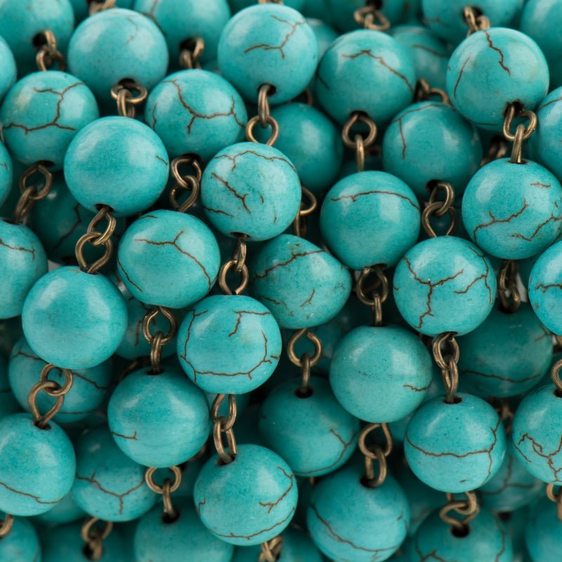 1 yard TURQUOISE BLUE Howlite Rosary Chain, bronze wire links, 10mm round stone bead chain, fch0715a