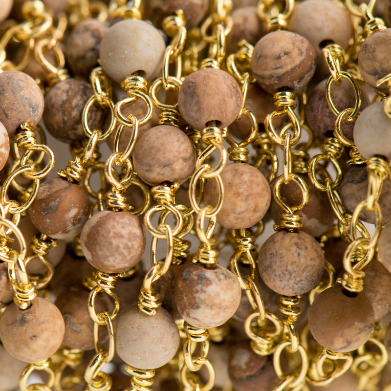 13 feet (4 meters) Matte PICTURE JASPER GEMSTONE Rosary Chain, bright gold, 4mm round gemstone beads, fch0713b
