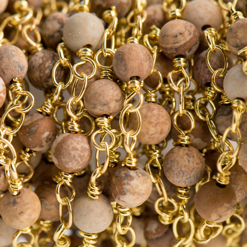 3 feet (1 yard) PICTURE JASPER GEMSTONE Rosary Chain, bright gold, 4mm round gemstone beads, fch0713a