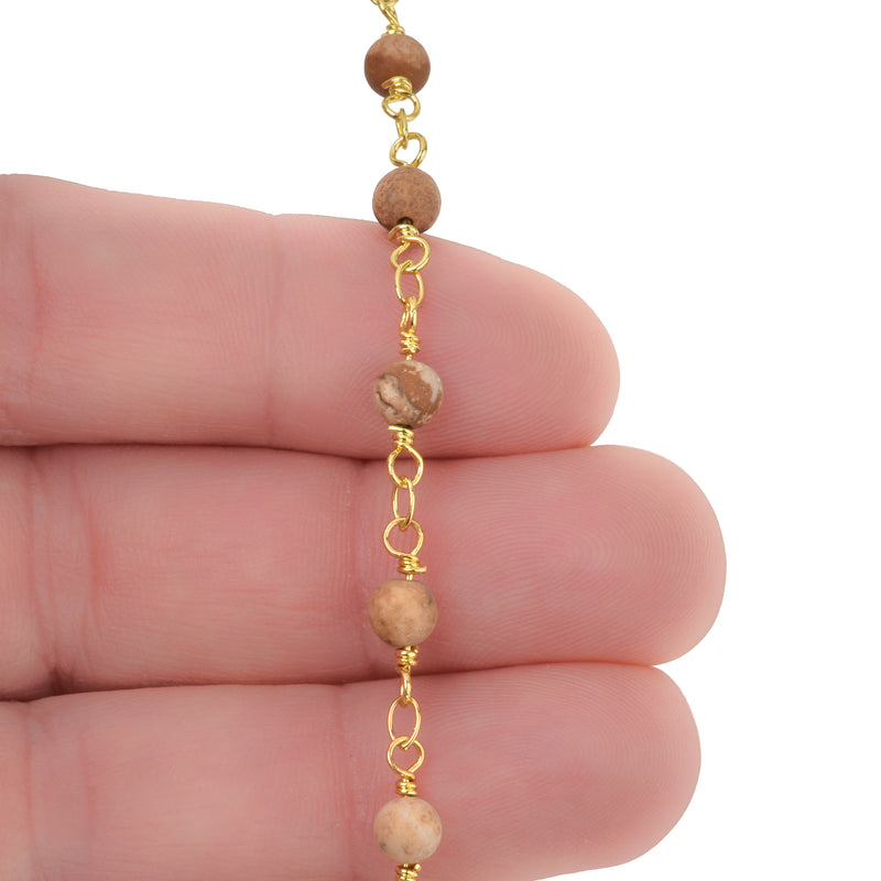 13 feet (4 meters) Matte PICTURE JASPER GEMSTONE Rosary Chain, bright gold, 4mm round gemstone beads, fch0713b