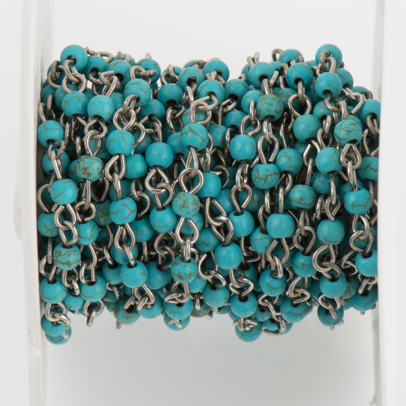 1 yard TURQUOISE BLUE Howlite Rosary Chain, Howlite Bead Chain, SILVER, 4mm round stone beads, bulk on spool, fch0714a