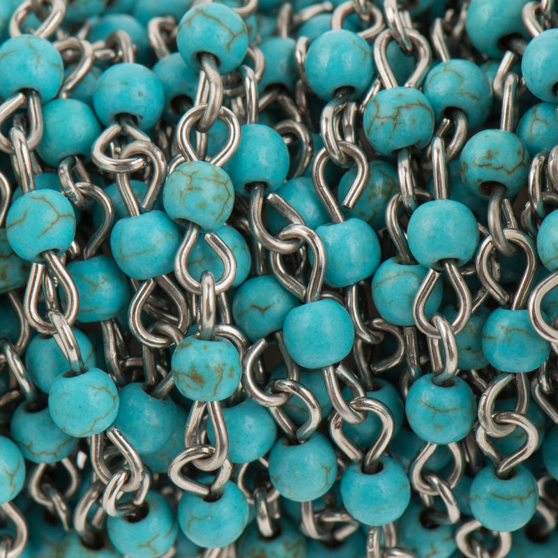 TURQUOISE BLUE Howlite Rosary Chain, Howlite Bead Chain, SILVER, 4mm round stone beads, fch0714