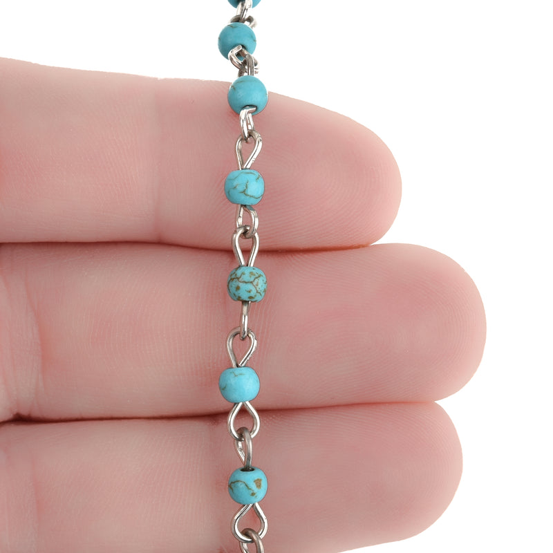 1 yard TURQUOISE BLUE Howlite Rosary Chain, Howlite Bead Chain, SILVER, 4mm round stone beads, bulk on spool, fch0714a