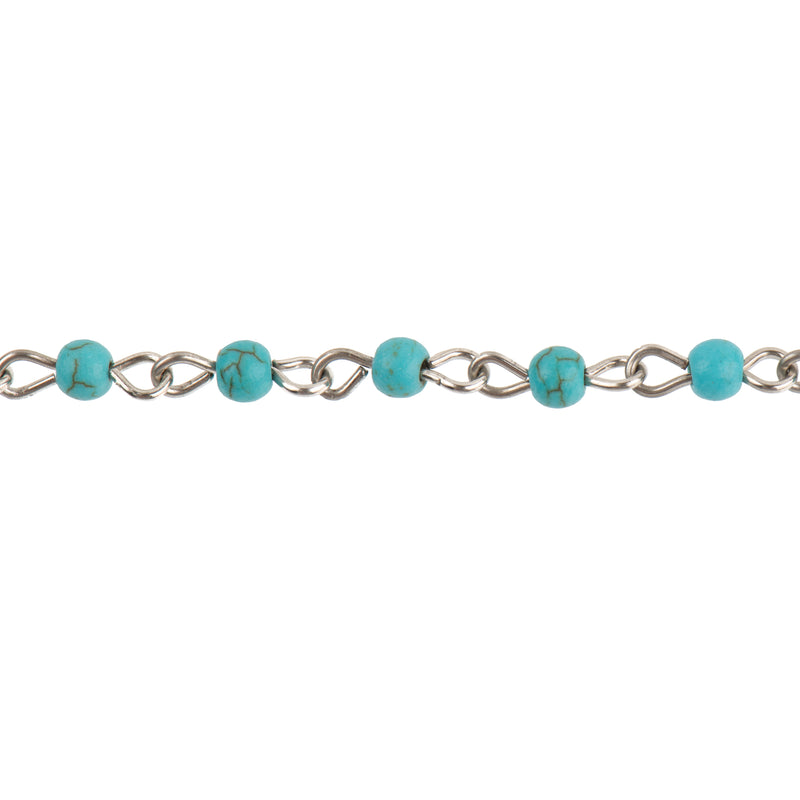 TURQUOISE BLUE Howlite Rosary Chain, Howlite Bead Chain, SILVER, 4mm round stone beads, fch0714