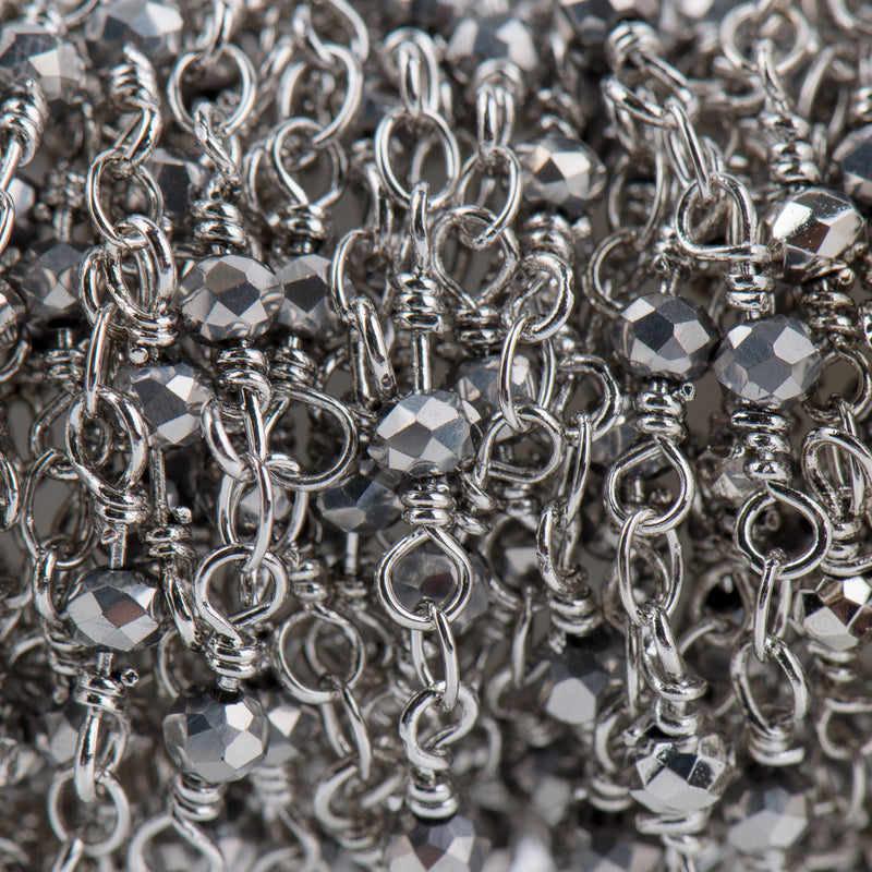 16ft METALLIC SILVER Crystal Chain, Rondelle Rosary Bead Chain, silver double wrapped wire, 3mm faceted glass beads fch0717b