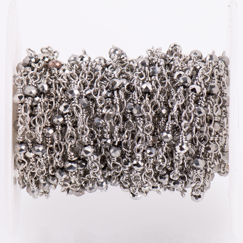 16ft METALLIC SILVER Crystal Chain, Rondelle Rosary Bead Chain, silver double wrapped wire, 3mm faceted glass beads fch0717b