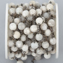 1 yard WHITE LACE AGATE Gemstone Rosary Chain, gunmetal black links, double wrapped 8mm round gemstone beads, fch0718a