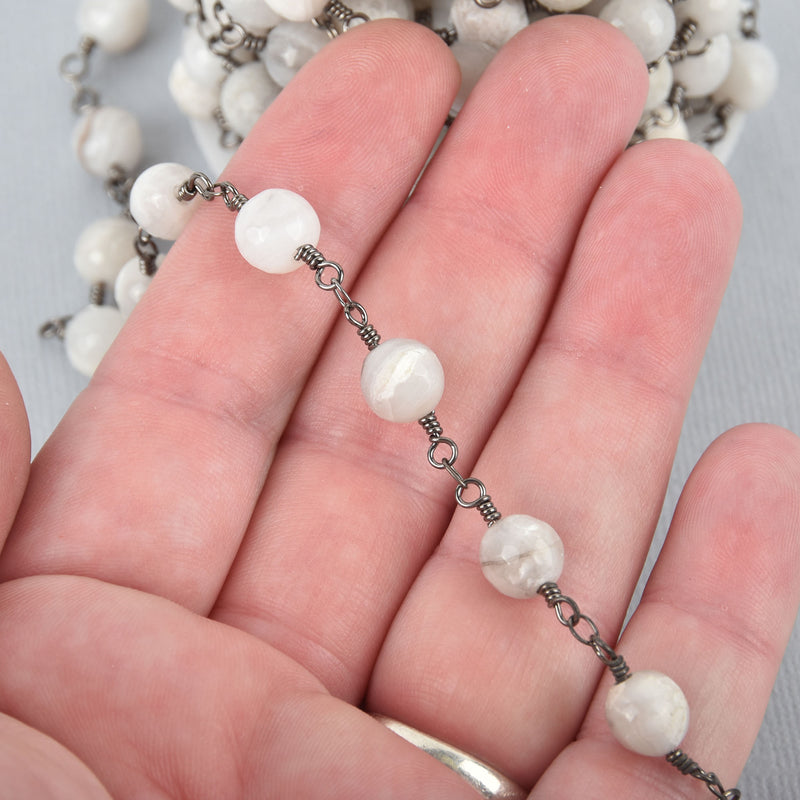 1 yard WHITE LACE AGATE Gemstone Rosary Chain, gunmetal black links, double wrapped 8mm round gemstone beads, fch0718a