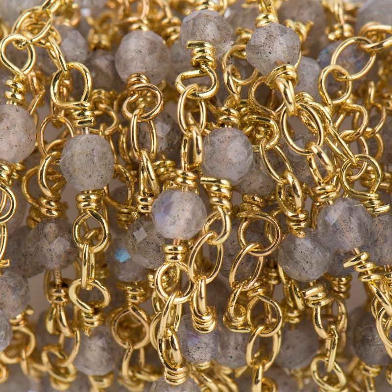 13 feet (4.33 yard) LABRADORITE GEMSTONE Rosary Chain, bright gold, 4mm round gemstone beads, fch0719b