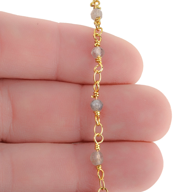 1 yard LABRADORITE GEMSTONE Rosary Chain, bright gold, 4mm round gemstone beads, fch0719a