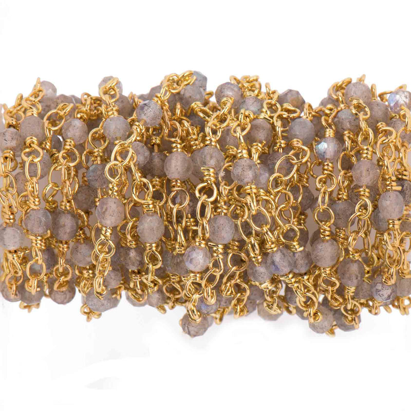13 feet (4.33 yard) LABRADORITE GEMSTONE Rosary Chain, bright gold, 4mm round gemstone beads, fch0719b