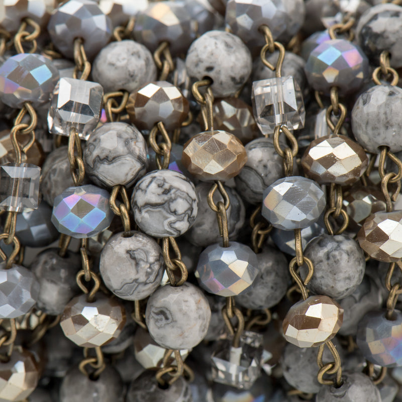 3 feet (1 yard) Gemstone Crystal Rosary Chain, Grey Picture Jasper, Crystal Cube and Rondelle Beads, bronze, 8mm & 6mm fch0720a