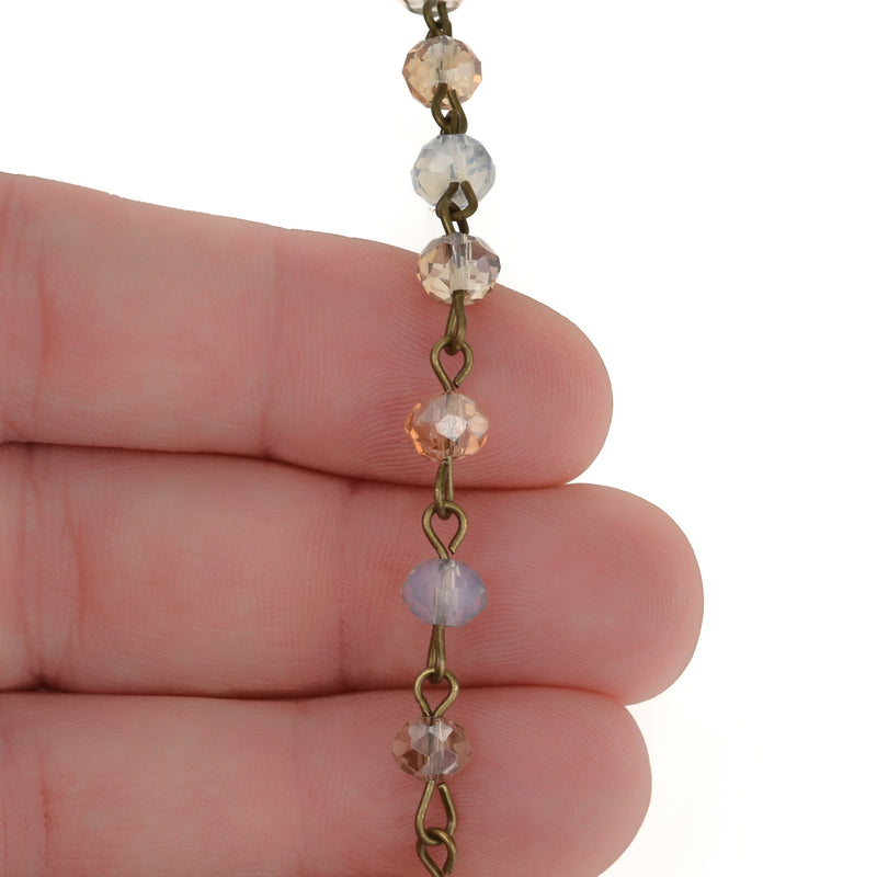 13 feet (4.33 yards) Crystal Rondelle Rosary Chain, golden shadow and opal crystals, bronze wire, 6mm faceted rondelle glass beads, fch0721b