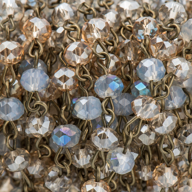 13 feet (4.33 yards) Crystal Rondelle Rosary Chain, golden shadow and opal crystals, bronze wire, 6mm faceted rondelle glass beads, fch0721b