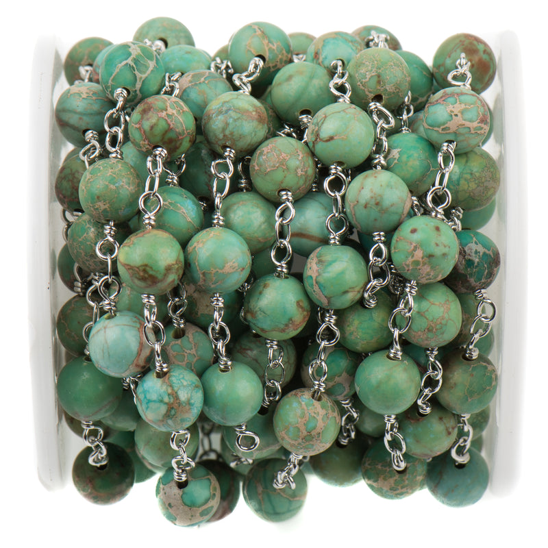 3 feet (1 yard) Green AQUA TERRA JASPER Gemstone Rosary Chain, double wrap silver links, 8mm round natural gemstone beads, fch0722a