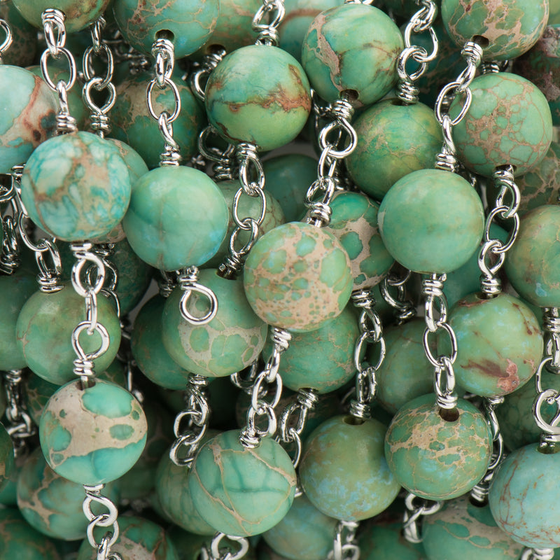 3 feet (1 yard) Green AQUA TERRA JASPER Gemstone Rosary Chain, double wrap silver links, 8mm round natural gemstone beads, fch0722a