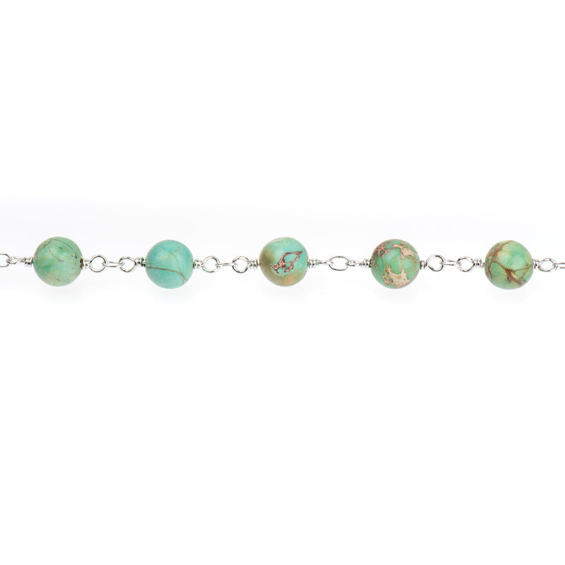 3 feet (1 yard) Green AQUA TERRA JASPER Gemstone Rosary Chain, double wrap silver links, 8mm round natural gemstone beads, fch0722a