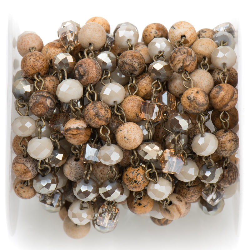 13 feet (4.33 yards) Gemstone Crystal Rosary Chain, Picture Jasper, Crystal Cube and Rondelle Beads, bronze, 8mm & 6mm fch0723b