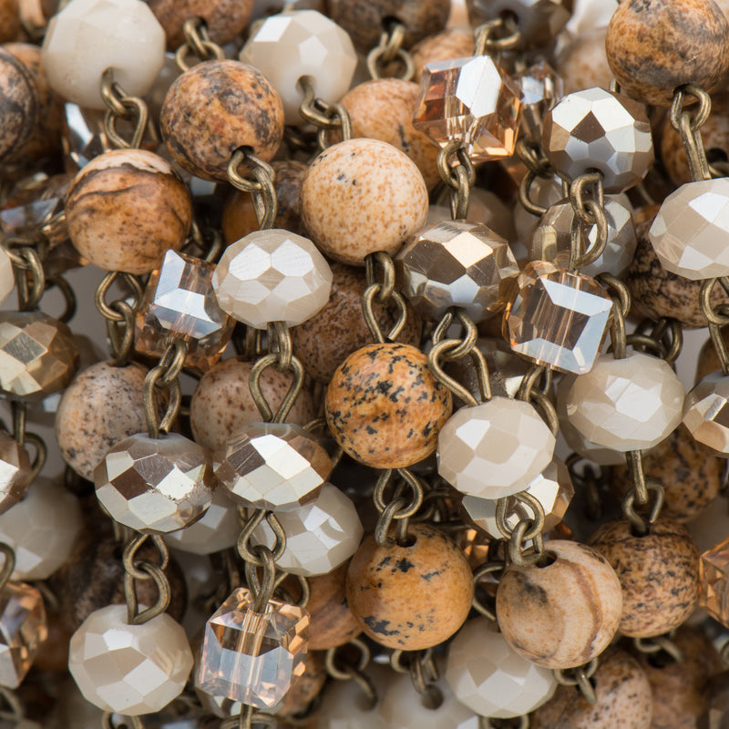 13 feet (4.33 yards) Gemstone Crystal Rosary Chain, Picture Jasper, Crystal Cube and Rondelle Beads, bronze, 8mm & 6mm fch0723b