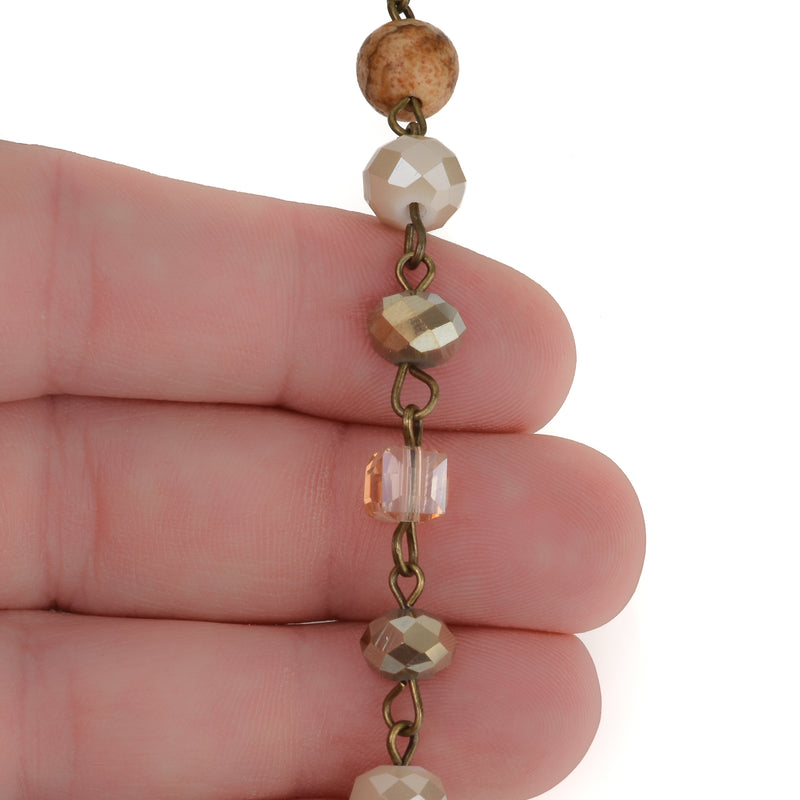 1 yard Gemstone Crystal Rosary Chain, Picture Jasper, Crystal Cube and Rondelle Beads, bronze, 8mm & 6mm fch0723a