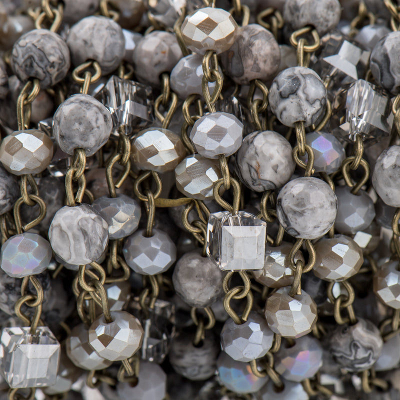 13 feet Gemstone Crystal Rosary Chain, Grey Picture Jasper, Crystal Cube and Rondelle Beads, bronze, 6mm fch0724b