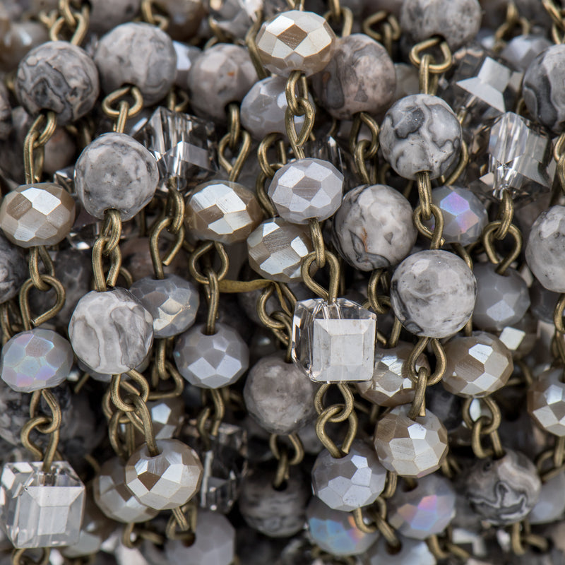 3 feet (1 yard) Gemstone Crystal Rosary Chain, Grey Picture Jasper, Crystal Cube and Rondelle Beads, bronze, 6mm fch0724a