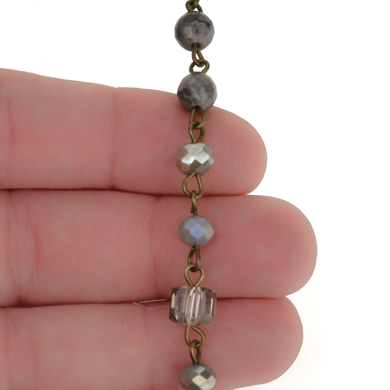 13 feet Gemstone Crystal Rosary Chain, Grey Picture Jasper, Crystal Cube and Rondelle Beads, bronze, 6mm fch0724b