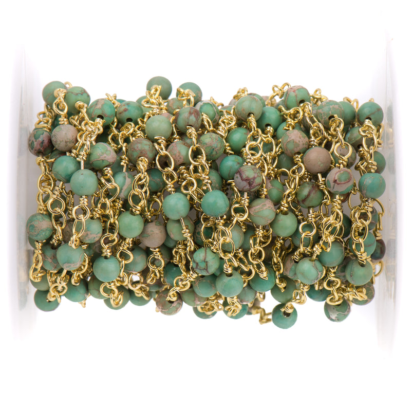 3 feet (1 yard) Green AQUA TERRA JASPER Gemstone Rosary Chain, bright gold, 4mm round gemstone beads, fch0725a