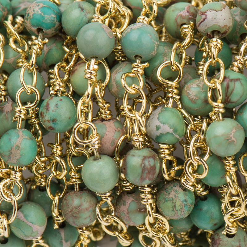 3 feet (1 yard) Green AQUA TERRA JASPER Gemstone Rosary Chain, double wrap gold links, 8mm round natural gemstone beads, fch0726a