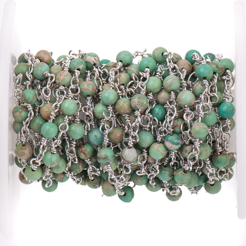 3 feet (1 yard) Green AQUA TERRA JASPER Gemstone Rosary Chain, bright silver, 4mm round gemstone beads, fch0728a