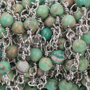 13 feet (4.33 yards) Green AQUA TERRA JASPER Gemstone Rosary Chain, bright silver, 4mm round gemstone beads, fch0728b