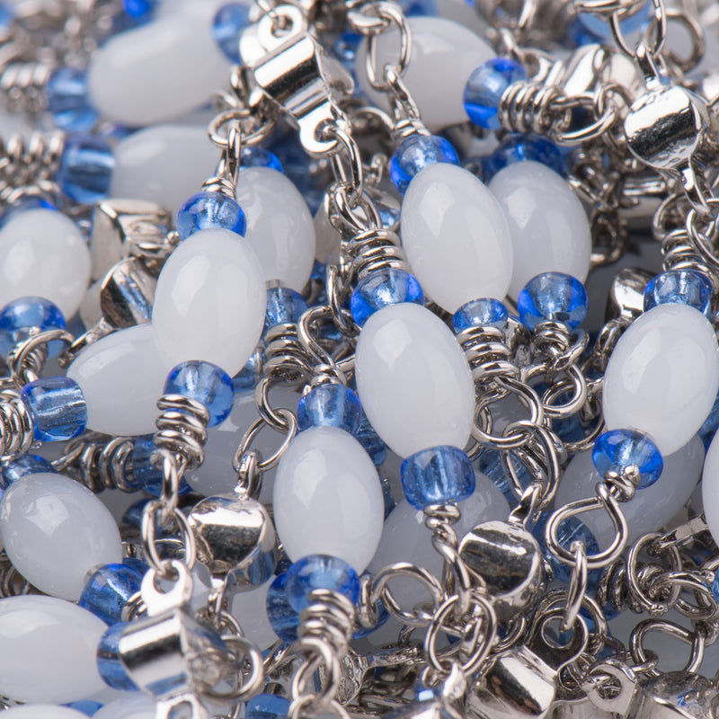 1 yard (3 feet) BLUE and WHITE Glass Rosary Bead Chain, silver double wrapped wire, 6mm oval glass beads, fch0729