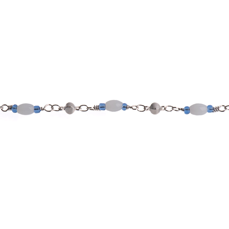 1 yard (3 feet) BLUE and WHITE Glass Rosary Bead Chain, silver double wrapped wire, 6mm oval glass beads, fch0729