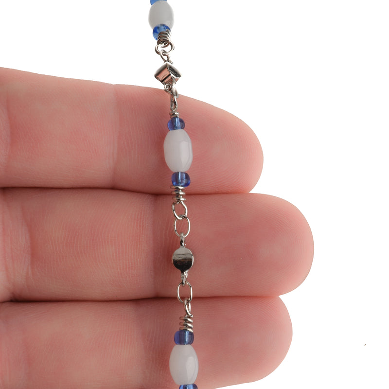 1 yard (3 feet) BLUE and WHITE Glass Rosary Bead Chain, silver double wrapped wire, 6mm oval glass beads, fch0729