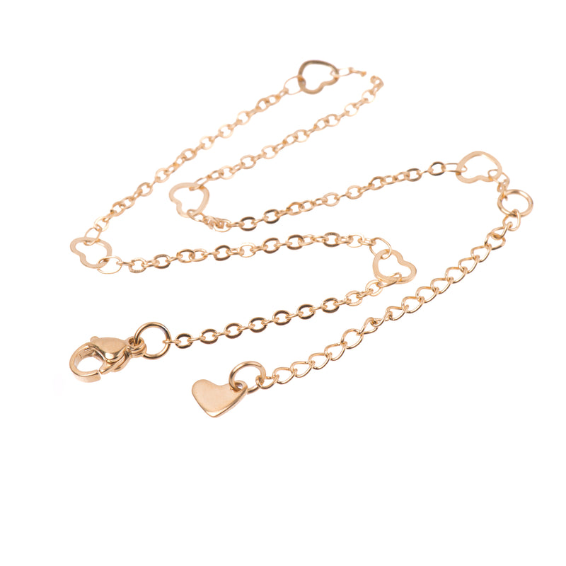 1 Gold Stainless Steel Cable Link HEART Chain Ankle Bracelet with Clasp, non tarnish, 9" long plus 2" extender chain, fch0732