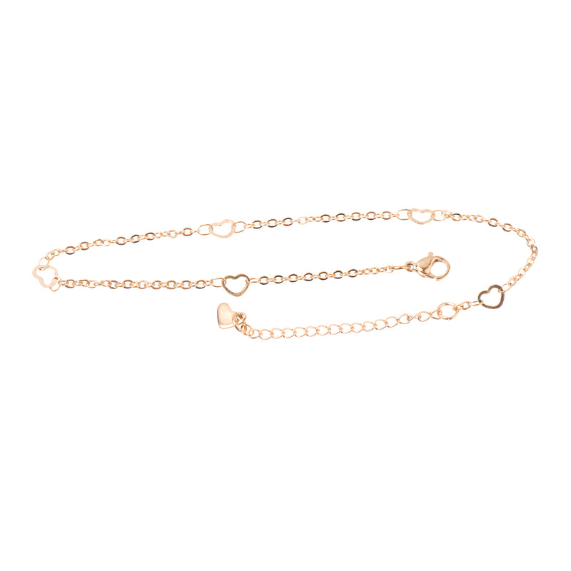 1 Gold Stainless Steel Cable Link HEART Chain Ankle Bracelet with Clasp, non tarnish, 9" long plus 2" extender chain, fch0732